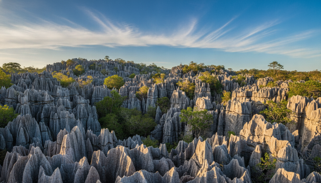 A breathtaking view of Madagascar’s Tsingy de Bemaraha, showcasing its unique limestone formations resembling a stone forest. In the foreground, jagged rock formations rise sharply from the ground, displaying intricate textures and dramatic shadows. In the middle ground, lush greenery breaks through the stones, offering a stark contrast to the rugged landscape. The background features a vibrant blue sky, dotted with wispy clouds, highlighting the area's natural beauty. Soft sunlight spills over the scene, casting warm golden hues across the rocks, evoking a sense of mystique and wonder. The image is captured from a low angle, emphasizing the towering cliffs and creating a feeling of awe for this extraordinary landscape.