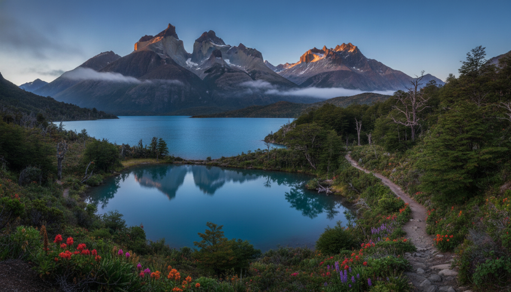 A breathtaking view of Patagonia, capturing the essence of the wild at the edge of the world. In the foreground, a tranquil, azure lake reflects the towering, jagged peaks of the Andes, partially shrouded in wispy clouds. Lush greenery surrounds the lake, with native flora adding splashes of vibrant color. In the middle ground, a winding trail leads through a dense forest of ancient trees, hinting at adventure and exploration. In the background, the dramatic mountains rise majestically into a clear blue sky, with the setting sun casting golden hues on their rugged faces, creating a warm and inviting atmosphere. Use a wide-angle lens to emphasize the vastness of the landscape, capturing the serene yet wild spirit of Patagonia. The overall mood is one of tranquility, wonder, and connection to nature.