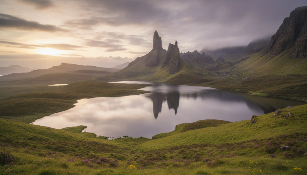 A breathtaking view of the Isle of Skye, showcasing its rugged, dramatic cliffs and mystical landscapes. In the foreground, vibrant green hills dotted with wildflowers and a shimmering loch, reflecting the cloudy sky above. The middle ground features the iconic Old Man of Storr, its towering rock formation standing majestically against a backdrop of surreal, mist-covered mountains. The background reveals a soft sunset casting warm golden and purple hues over the landscape, enhancing the enchanting atmosphere. Use a wide-angle lens to capture the expansive beauty, with soft diffused lighting to convey a serene, dreamlike quality. Aim for a mood of wonder and magic, highlighting the fairytale-like geology of this Scottish gem. The image should be devoid of any human presence and free from text or logos.