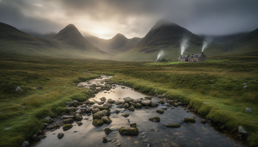 A breathtaking view of the Scottish Highlands, showcasing rolling green hills draped in a soft, ethereal mist. In the foreground, a meandering stream flows gently over smooth stones, reflecting the soft, diffused light of an early morning sun. The middle ground features rugged, ancient mountains, their peaks shrouded in cloud, evoking a sense of mystery and myth. The background reveals a tranquil valley dotted with quaint, stone cottages, their chimneys softly puffing smoke into the crisp, fresh air. The scene captures a serene, mystical atmosphere, enhanced by soft, warm lighting that emphasizes the lush greenery and the enchanting beauty of this remote landscape. The composition invites viewers into a world of ancient silence and contemplative wonder.