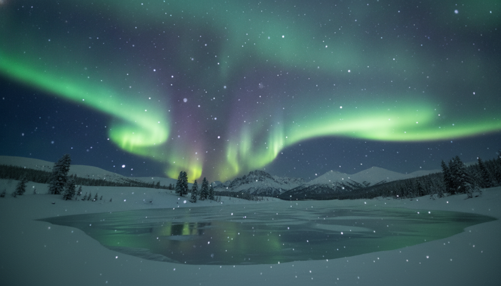 A breathtaking view of the aurora borealis dancing across a clear night sky, showcasing vibrant shades of green, purple, and blue. In the foreground, a serene, snowy landscape with gentle hills, reflecting the ethereal glow of the lights. Patches of pine trees silhouette against the illuminated sky, while a frozen lake mirrors the spectacular aurora above. The middle ground features softly falling snowflakes, adding to the peaceful atmosphere. The background reveals distant mountain peaks under a starry night, enhancing the scene's depth. The lighting is soft yet vivid, capturing the magical essence of the aurora borealis, evoking feelings of awe and wonder in the viewer. The image should be composed from a slightly low angle to emphasize the grandeur of the aurora borealis, with no text or watermarks present. A breathtaking view of the aurora borealis dancing across a clear night sky, showcasing vibrant shades of green, purple, and blue. In the foreground, a serene, snowy landscape with gentle hills, reflecting the ethereal glow of the lights. Patches of pine trees silhouette against the illuminated sky, while a frozen lake mirrors the spectacular aurora above. The middle ground features softly falling snowflakes, adding to the peaceful atmosphere. The background reveals distant mountain peaks under a starry night, enhancing the scene's depth. The lighting is soft yet vivid, capturing the magical essence of the aurora borealis, evoking feelings of awe and wonder in the viewer. The image should be composed from a slightly low angle to emphasize the grandeur of the aurora borealis, with no text or watermarks present.