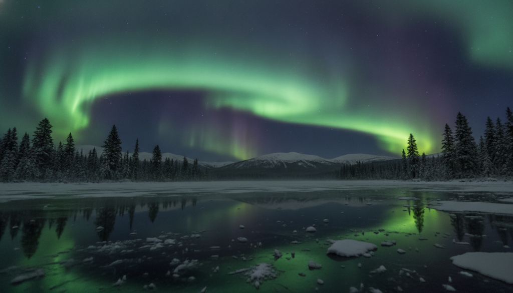 A breathtaking view of the aurora borealis illuminating a clear night sky, with vivid shades of green and purple swirling gracefully above a vast, snowy landscape. In the foreground, a tranquil frozen lake reflects the brilliant colors above, while the middle ground features scattered pine trees dusted with snow, creating a serene winter atmosphere. The background shows a gently sloping mountain range silhouetted against the bright celestial display. The scene is lit by the soft glow of the northern lights, casting an ethereal light over the winter landscape, evoking feelings of wonder and tranquility. The composition should be captured from a low angle, emphasizing the height and movement of the aurora, ensuring a captivating and immersive viewing experience. A breathtaking view of the aurora borealis illuminating a clear night sky, with vivid shades of green and purple swirling gracefully above a vast, snowy landscape. In the foreground, a tranquil frozen lake reflects the brilliant colors above, while the middle ground features scattered pine trees dusted with snow, creating a serene winter atmosphere. The background shows a gently sloping mountain range silhouetted against the bright celestial display. The scene is lit by the soft glow of the northern lights, casting an ethereal light over the winter landscape, evoking feelings of wonder and tranquility. The composition should be captured from a low angle, emphasizing the height and movement of the aurora, ensuring a captivating and immersive viewing experience.