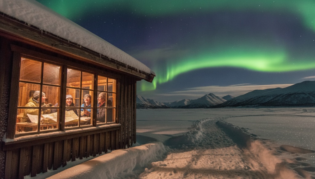 A cozy cabin in a snowy landscape serves as the foreground, with a warm, inviting light glowing from the windows, suggesting comfort and anticipation. In the middle, travelers, dressed in warm winter clothing, are gathered around a wooden table covered in maps and travel guides, discussing their plans for viewing the northern lights. Their expressions are filled with excitement and wonder. The background showcases a starry night sky with vibrant, swirling auroras in shades of green and purple illuminating the horizon. Snow-covered mountains rise majestically in the distance, under soft moonlight, adding a serene and magical atmosphere to the scene. The image has a warm, inviting glow, capturing the thrill of adventure and the awe of nature's spectacle. A cozy cabin in a snowy landscape serves as the foreground, with a warm, inviting light glowing from the windows, suggesting comfort and anticipation. In the middle, travelers, dressed in warm winter clothing, are gathered around a wooden table covered in maps and travel guides, discussing their plans for viewing the northern lights. Their expressions are filled with excitement and wonder. The background showcases a starry night sky with vibrant, swirling auroras in shades of green and purple illuminating the horizon. Snow-covered mountains rise majestically in the distance, under soft moonlight, adding a serene and magical atmosphere to the scene. The image has a warm, inviting glow, capturing the thrill of adventure and the awe of nature's spectacle.