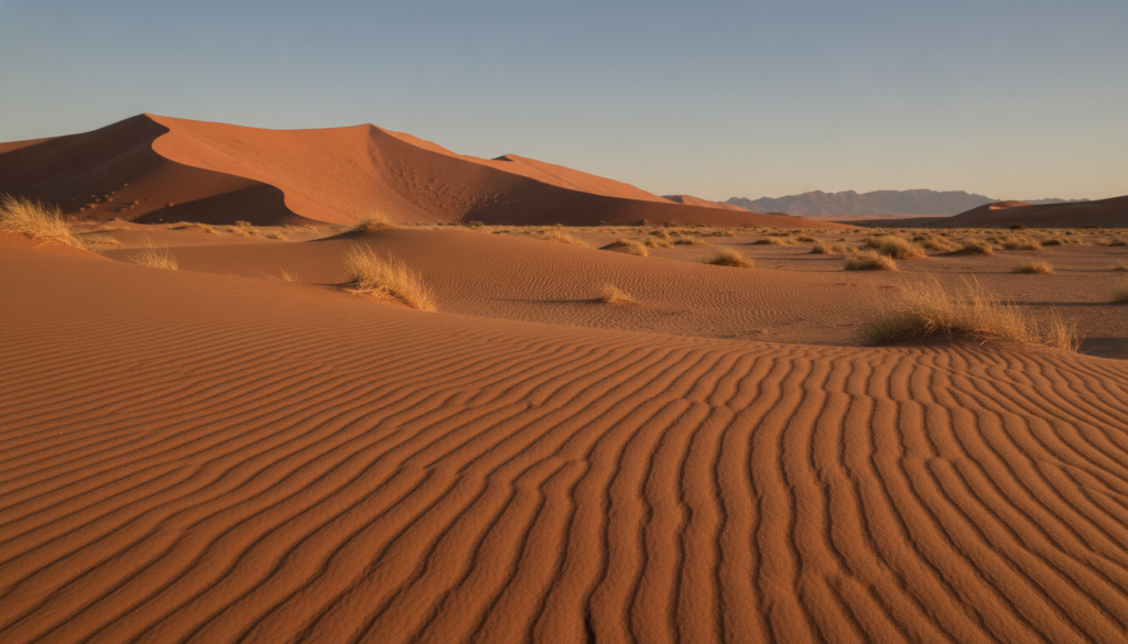 A stunning view of the Namib Desert, featuring rolling sand dunes that stretch into the horizon. In the foreground, delicate ripples in the sand create patterns illuminated by the golden glow of the late afternoon sun. The middle ground showcases towering red and orange dunes, their curves catching the warm light, contrasting with the clear blue sky above. In the background, the landscape fades into a distant, hazy outline of rugged mountains, enhancing the otherworldly feel. Soft shadows add depth, while a few sparse desert plants break the monotony of sand, hinting at life in this stark environment. The overall mood is serene and mystical, evoking a sense of wonder at nature's artistry. Shot with a wide-angle lens to capture the vastness and beauty of this unique landscape.