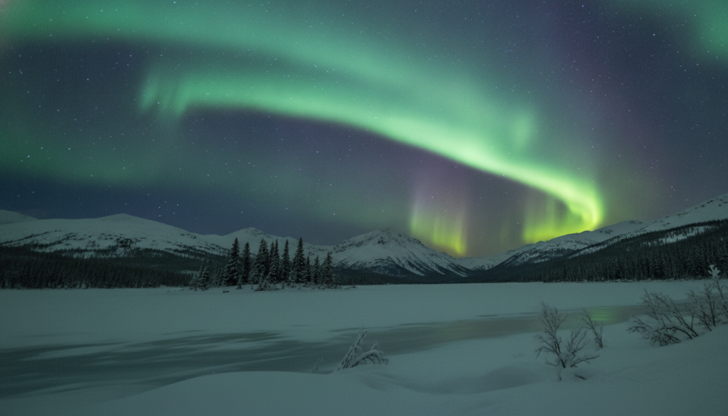 A stunning view of the aurora borealis illuminating a clear night sky in rich greens and purples. In the foreground, a serene snow-covered landscape features gently rolling hills and a frozen lake, reflecting the colorful lights above. In the middle ground, tall pine trees stand silhouetted against the vibrant backdrop, adding depth. The background features distant mountain peaks under a starlit sky, enhancing the grandeur of the scene. The image captures a tranquil yet awe-inspiring atmosphere, evoking a sense of wonder and serenity. The natural light from the aurora casts a soft glow on the snowy ground, creating an inviting feeling, perfect for illustrating tips on capturing this magnificent phenomenon. A stunning view of the aurora borealis illuminating a clear night sky in rich greens and purples. In the foreground, a serene snow-covered landscape features gently rolling hills and a frozen lake, reflecting the colorful lights above. In the middle ground, tall pine trees stand silhouetted against the vibrant backdrop, adding depth. The background features distant mountain peaks under a starlit sky, enhancing the grandeur of the scene. The image captures a tranquil yet awe-inspiring atmosphere, evoking a sense of wonder and serenity. The natural light from the aurora casts a soft glow on the snowy ground, creating an inviting feeling, perfect for illustrating tips on capturing this magnificent phenomenon.