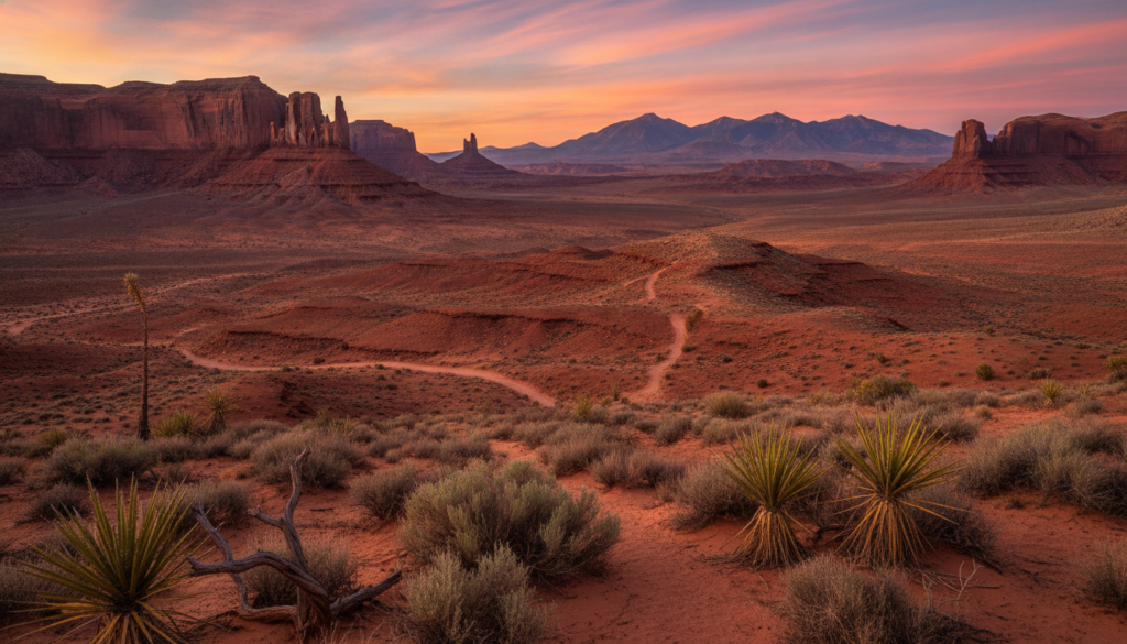 A vast American Southwest desert landscape at golden hour, showcasing deep red rock formations, rugged mesas, and expansive sandy plains. In the foreground, sparse desert flora such as sagebrush and yucca stand resilient against the backdrop of a dramatic sky painted in warm oranges and soft purples. The middle ground features a winding dirt path, leading to distant hills that evoke a sense of ancient pathways and sacred spaces. In the background, majestic mountains loom under a canopy of wispy clouds, bathed in the soft, diffused light of twilight. The scene exudes a tranquil yet mystical atmosphere, inviting contemplation and reflection. Shot with a wide-angle lens to capture the vastness and depth of the landscape, this serene image embodies the spiritual essence of the American Southwest.