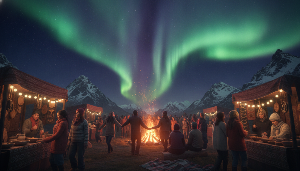 A vibrant scene showcasing a community festival beneath the stunning aurora borealis. In the foreground, diverse groups of people dressed in warm, modest clothing gather around colorful stalls adorned with local crafts and foods, their faces illuminated by the ethereal glow of the northern lights. The middle ground features a bonfire with sparks flying, casting warm light and creating a lively atmosphere filled with laughter and conversation. In the background, majestic snow-covered mountains rise against a starry sky, with the swirling greens, purples, and blues of the aurora shimmering overhead. The entire composition captures a joyful, communal celebration set against the breathtaking beauty of nature, with an emphasis on warmth and connection. The image should have a soft, enchanting lighting effect, emulating the magical feel of the night sky. A vibrant scene showcasing a community festival beneath the stunning aurora borealis. In the foreground, diverse groups of people dressed in warm, modest clothing gather around colorful stalls adorned with local crafts and foods, their faces illuminated by the ethereal glow of the northern lights. The middle ground features a bonfire with sparks flying, casting warm light and creating a lively atmosphere filled with laughter and conversation. In the background, majestic snow-covered mountains rise against a starry sky, with the swirling greens, purples, and blues of the aurora shimmering overhead. The entire composition captures a joyful, communal celebration set against the breathtaking beauty of nature, with an emphasis on warmth and connection. The image should have a soft, enchanting lighting effect, emulating the magical feel of the night sky.