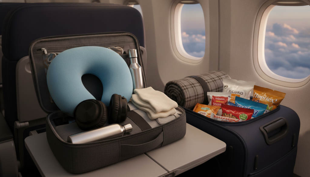 A well-organized in-flight kit displayed on a sleek airline tray table. The foreground features an open travel organizer filled with essential travel items: a neck pillow, noise-canceling headphones, cozy travel socks, a compact toiletries kit, and a slim water bottle. The middle ground shows a partially packed carry-on suitcase, with a rolled-up travel blanket and an array of travel-size snacks peeking out. In the background, dimly lit cabin interior with soft, ambient lighting and the silhouette of an airplane window with fluffy clouds outside. The mood is serene and inviting, evoking a sense of comfort and preparation for long flights. The composition is framed from a slight overhead angle, highlighting the organized items in detail while fostering a traveler-friendly atmosphere.