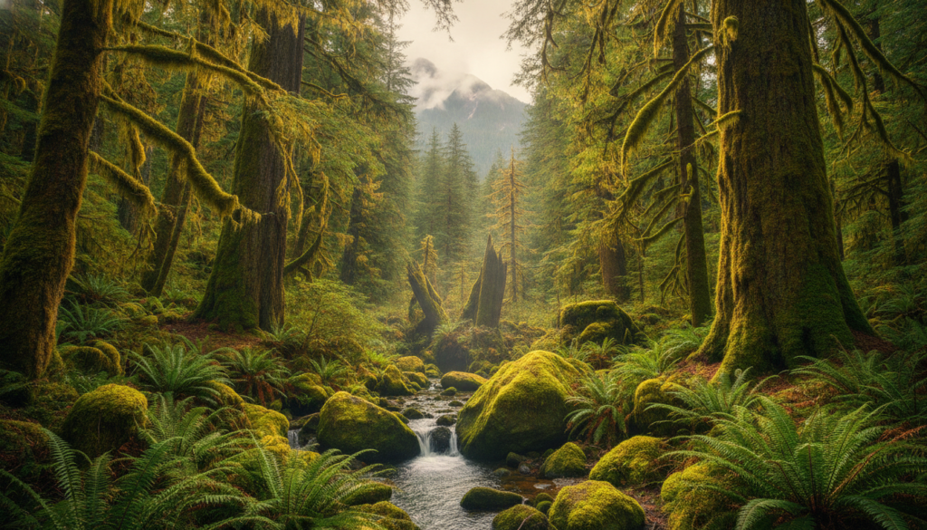 Create a captivating image of a Pacific Northwest rainforest, focusing on the enchanting quality of its lush environment. In the foreground, include vibrant ferns, moss-covered rocks, and gently trickling water from a nearby stream. The middle ground should feature towering, ancient Douglas fir and cedar trees, their trunks draped in thick moss, while dappled sunlight filters through the dense canopy above. In the background, hint at distant misty mountains, adding depth and a sense of mystery. Use soft, diffused lighting to enhance the magical atmosphere, elevating the greens and browns of the foliage. The perspective should be slightly elevated, capturing the vastness of this pristine woodland. Aim for a serene and mystical mood, evoking a sense of wonder and tranquility.